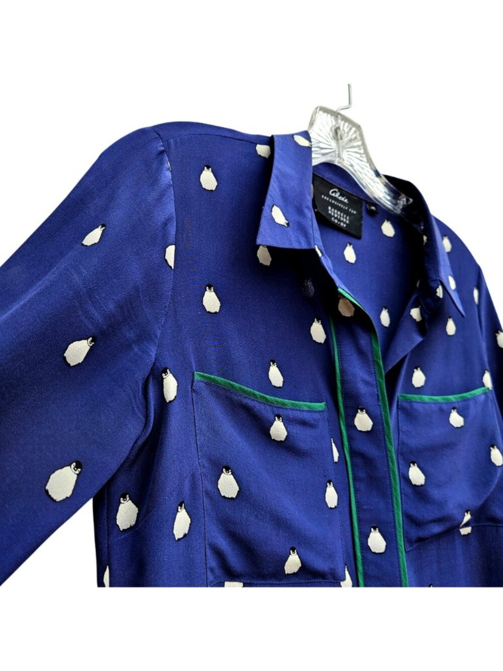 Alcée for Barneys New York Co-Op Silk Penguin Print Shirt Green Trim XS to S - Picture 2 of 11